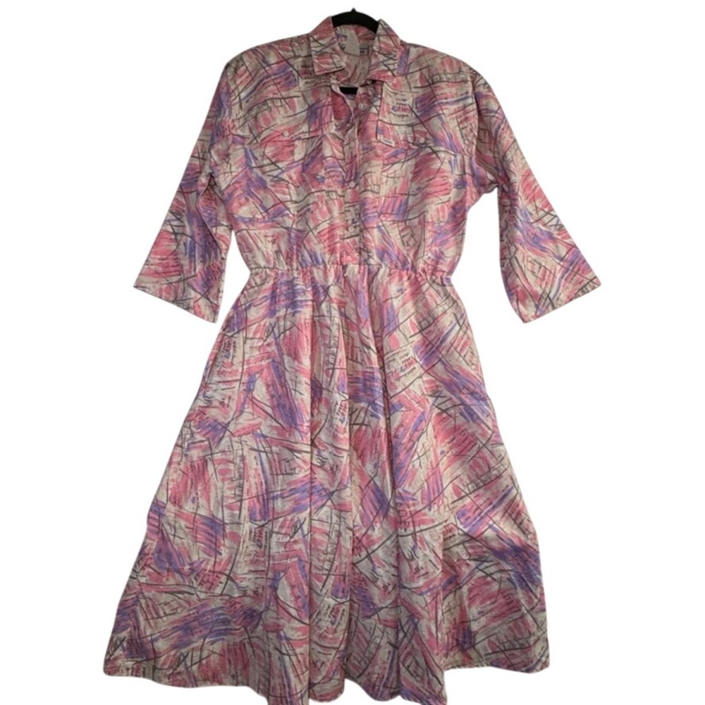Vintage Cabrais Pink Purple Abstract Print Midi Shirtdress 50s Style 6652 12